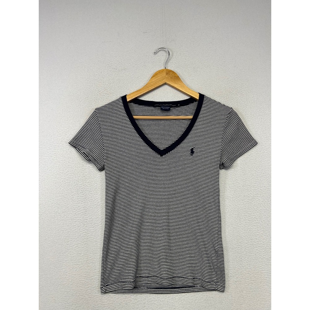 Classic Nautical Ralph Lauren Sport Womens Medium Navy Striped V-Neck T-Shirt